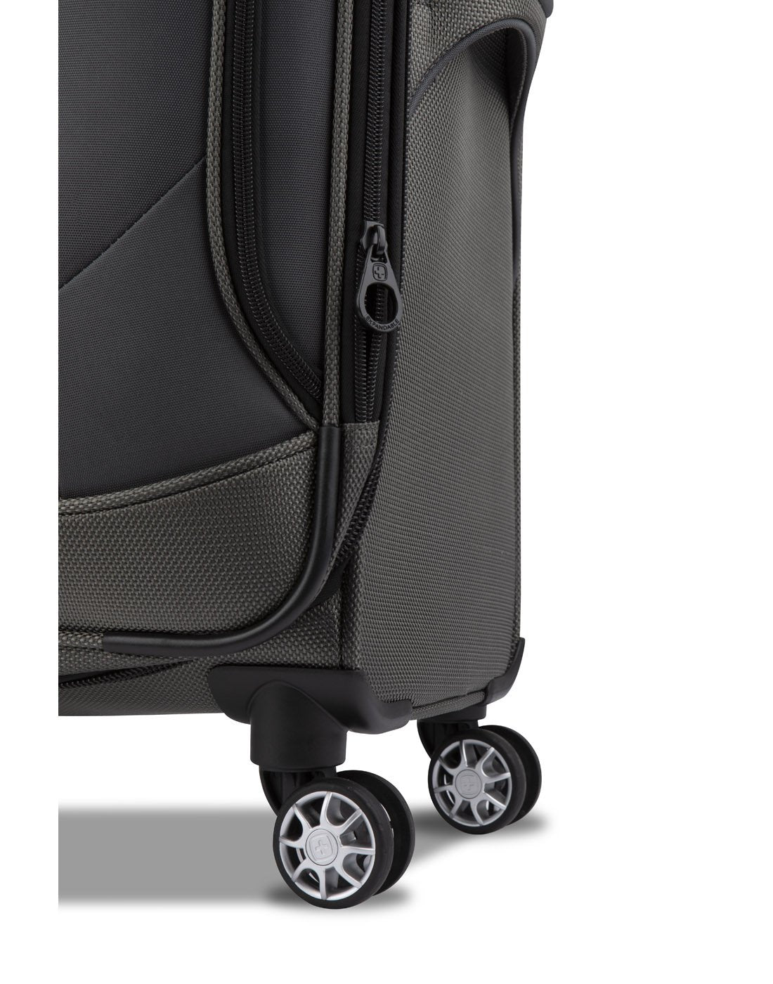 Close up of wheels on khaki bag