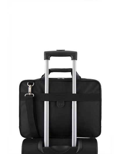 Swiss Gear Scan Smart Laptop Bag, back view, attached to telescopic handle of black carry-on luggage