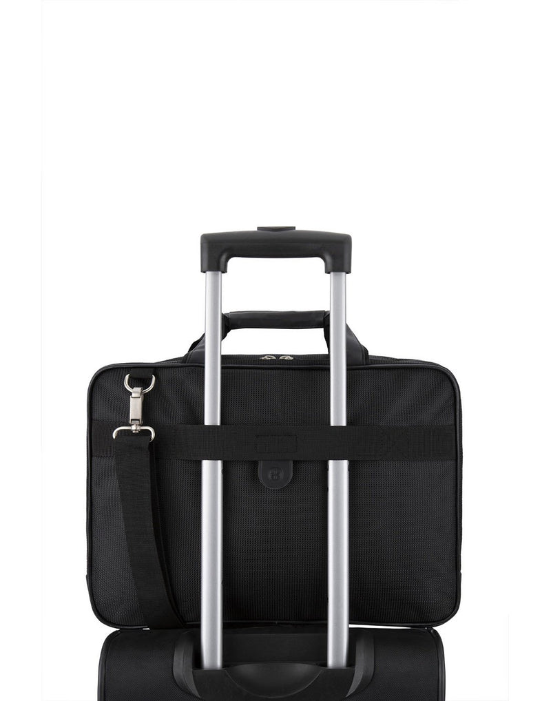 Swiss Gear Scan Smart Laptop Bag, back view, attached to telescopic handle of black carry-on luggage