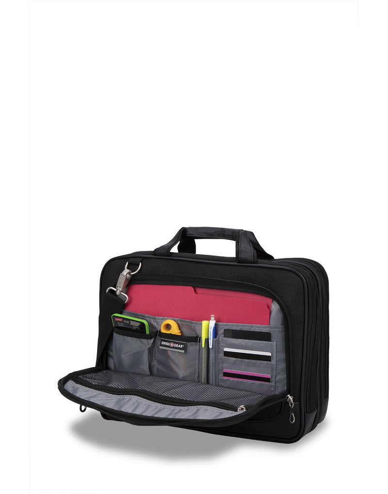 Swiss Gear Scan Smart Laptop Bag inside view with multiple pockets for folders, calculator, pens and cards