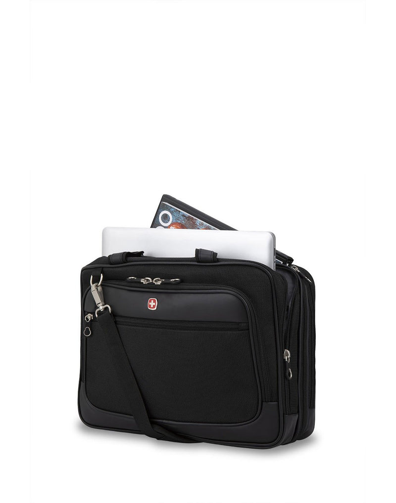 Swiss Gear Scan Smart Laptop Bag in black, front view with laptop and book sticking out of unzippered top