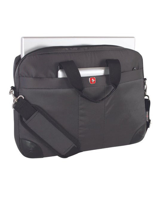 Product Image – Swiss Gear Slim Computer Bag in black, front view with laptop sticking out of open back and tablet slipped into side pocket