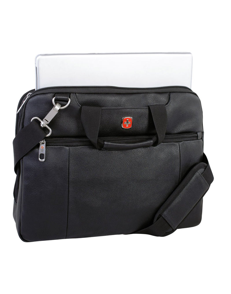 Swiss Gear Top Load Messenger Bag in black, front view with a laptop halfway into bag