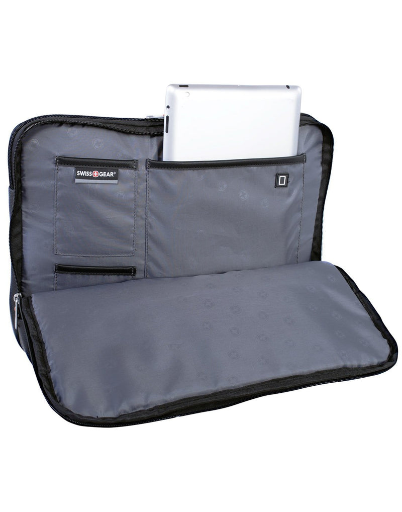 Swiss Gear Top Load Messenger Bag inside view with tablet halfway slipping into an open pocket