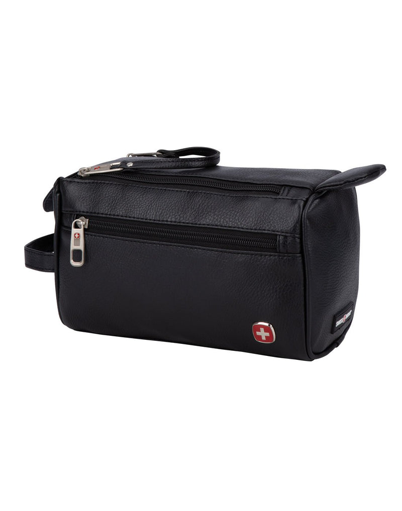 Swiss Gear Toiletry Bag in black, front view with zipper along side and Swiss Gear metal logo in bottom right corner