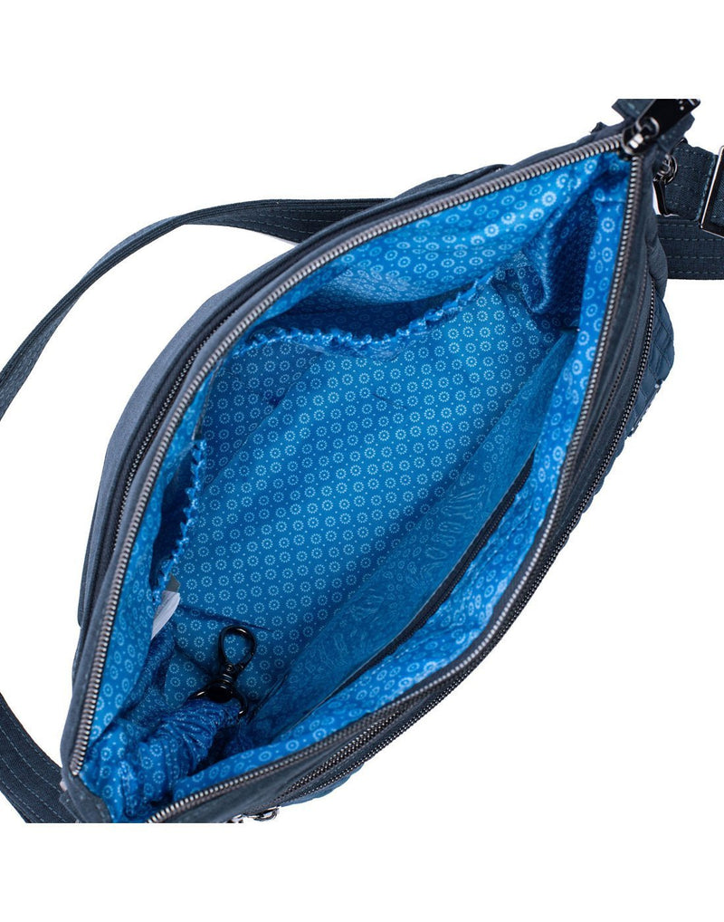 Lug slider navy blue colour crossbody purse top view opened zip