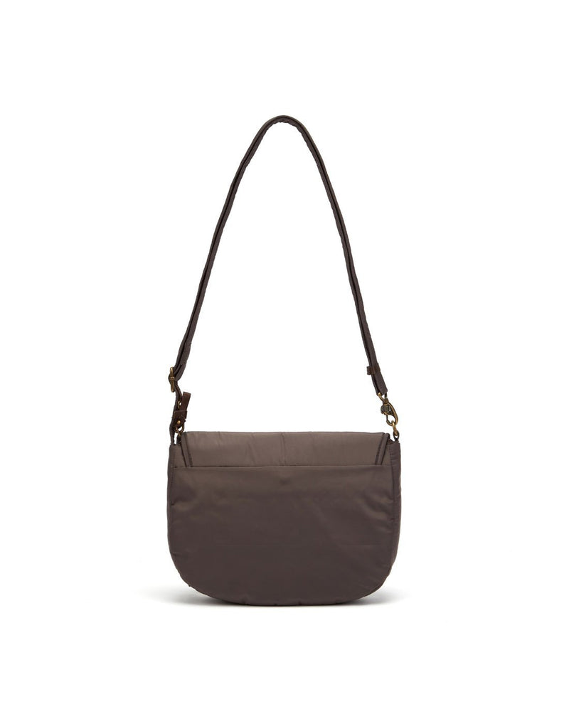 Pacsafe stylesafe anti-theft mocha colour crossbody bag zoom out back view