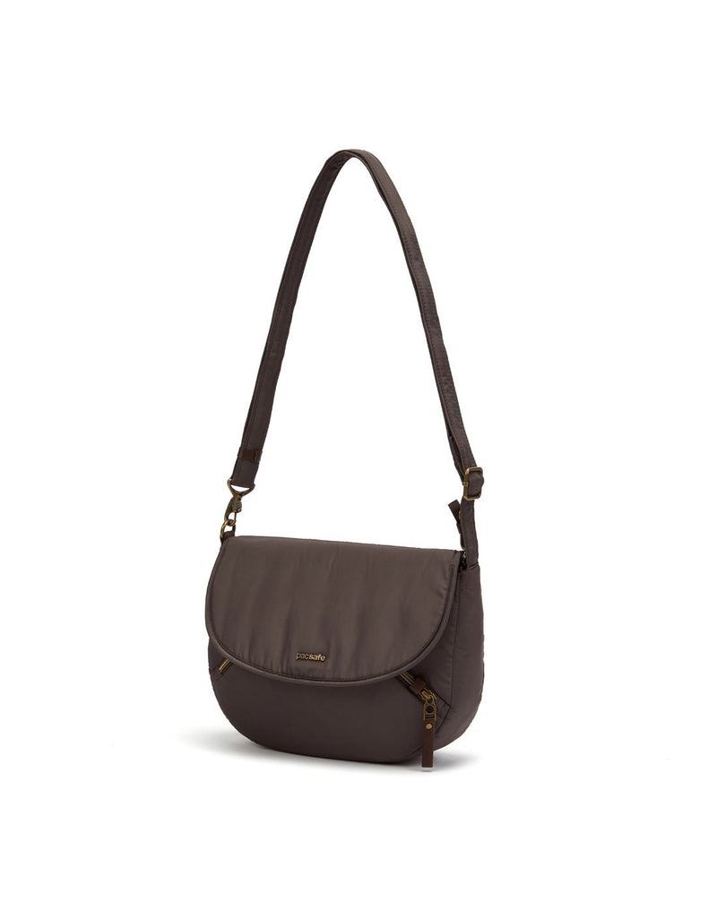 Pacsafe stylesafe anti-theft mocha colour crossbody bag zoom out front view