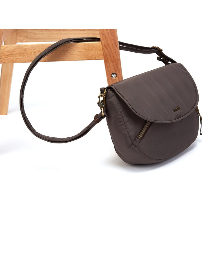 Pacsafe stylesafe anti-theft mocha colour crossbody bag fits a 10 inch tablet