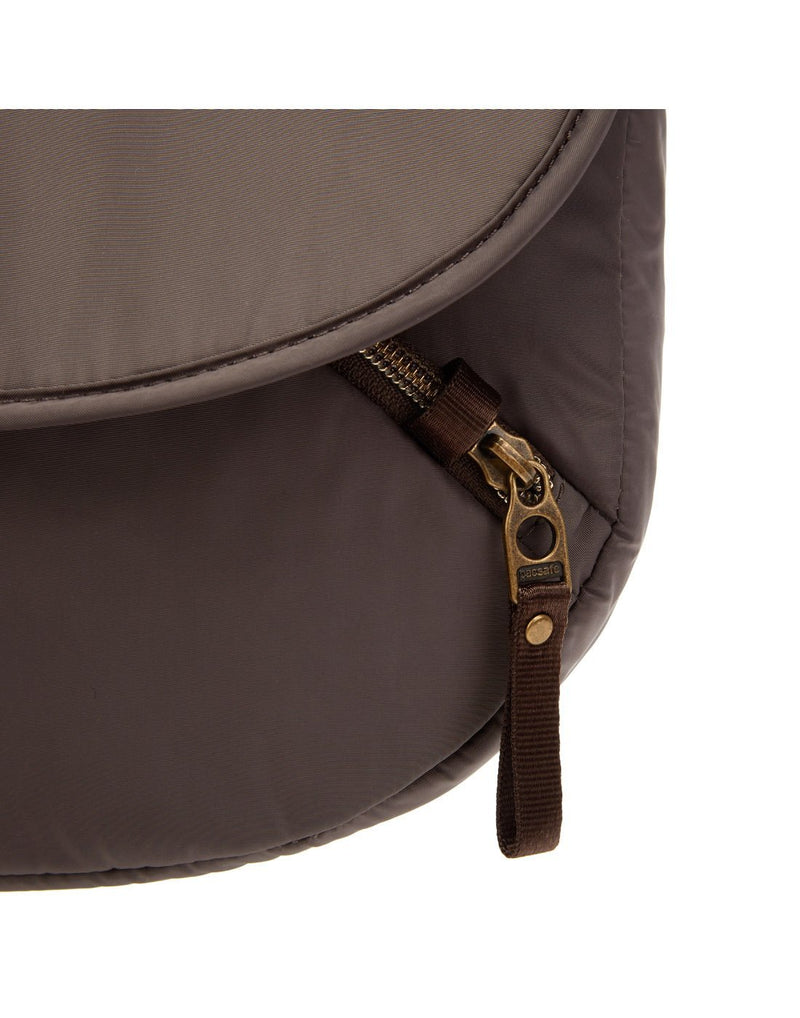 Pacsafe stylesafe anti-theft mocha colour crossbody bag zip close up view