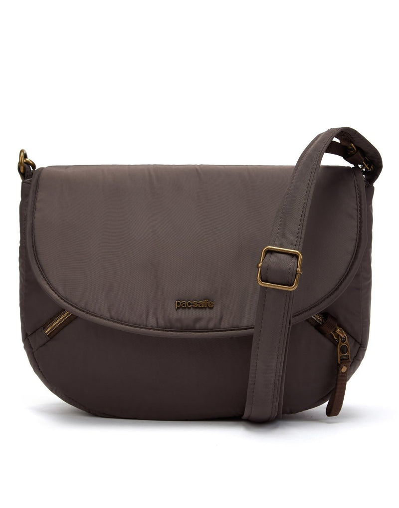Pacsafe stylesafe anti-theft mocha colour crossbody bag zoom in front view