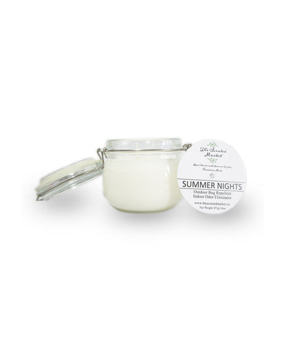 The Scented Market Summer Nights 2 Wick Soy Wax Candle in a glass hinge lid mason jar with lid open