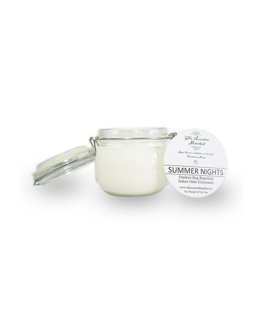 Product Image – The Scented Market Summer Nights 2 Wick Soy Wax Candle in a glass hinge lid mason jar with lid open