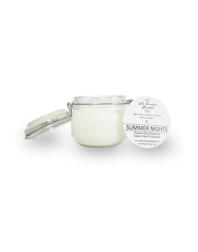 The Scented Market Summer Nights 2 Wick Soy Wax Candle in a glass hinge lid mason jar with lid open