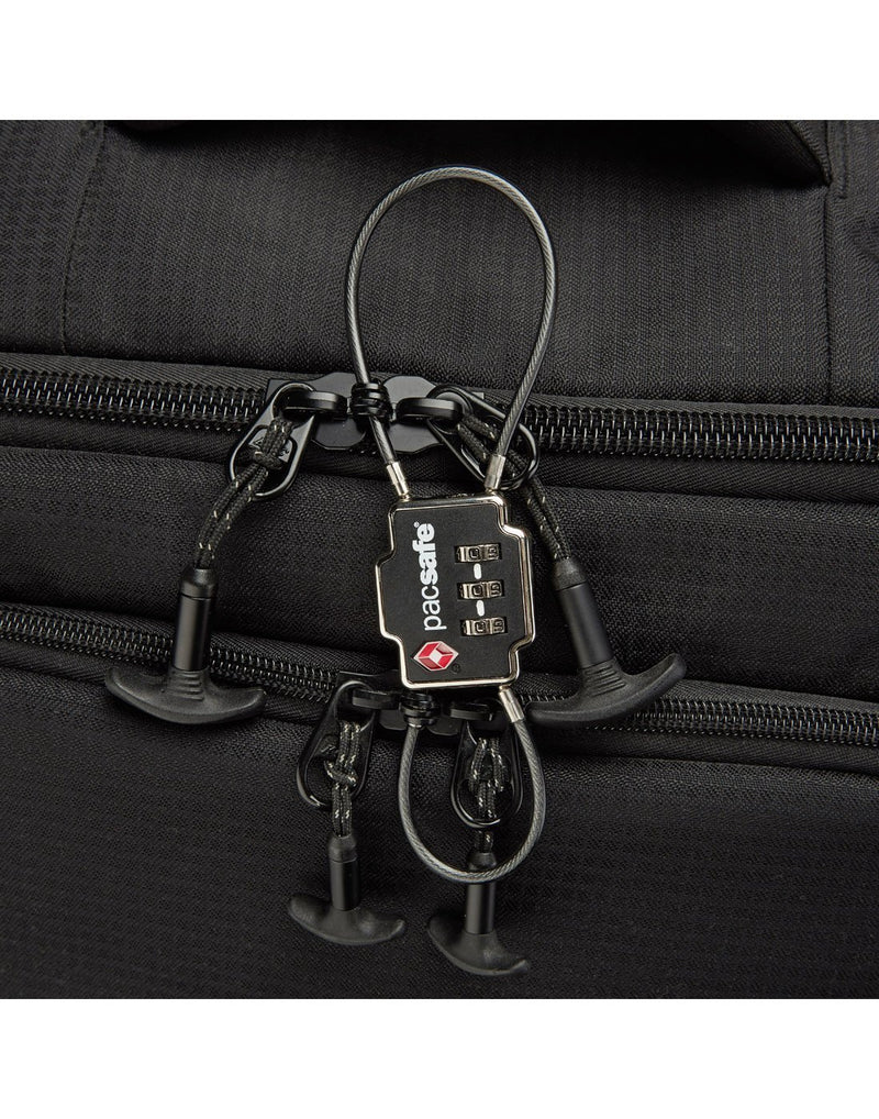 Pacsafe TSA 3-dial double cable lock locks two zipped sections together