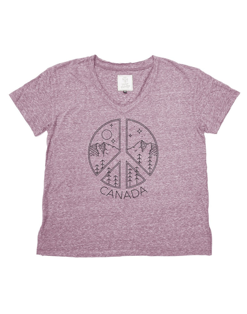 Ladies Vintage Slub V-Neck T-Shirt in mauve colour with peace sign, mountains and trees on front and word Canada under