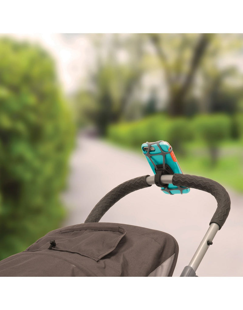 Nite ize wraptor smartphone bar mount attached to stroller handles