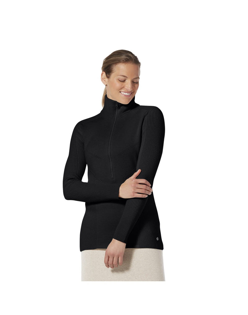 Woman wearing Royal Robbins Women's Ventour 1/2 Zip Sweater in jet black, front view