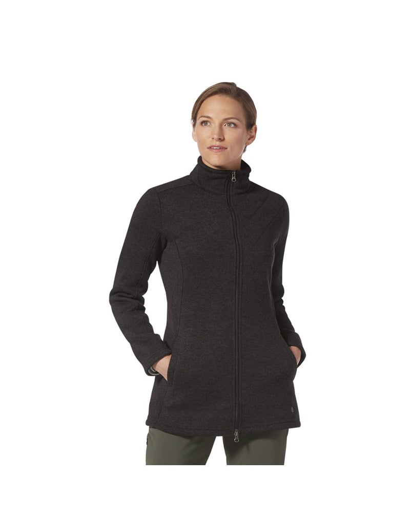 Woman wearing Royal Robbins Women's Sentinel Peak Jacket in charcoal colour, front view with hands in pockets