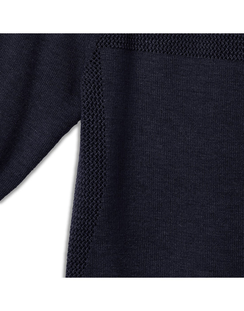 Close up of Royal Robbins Men's Ventour 1/4 Zip Sweater in naval colour, showing texture of sweater