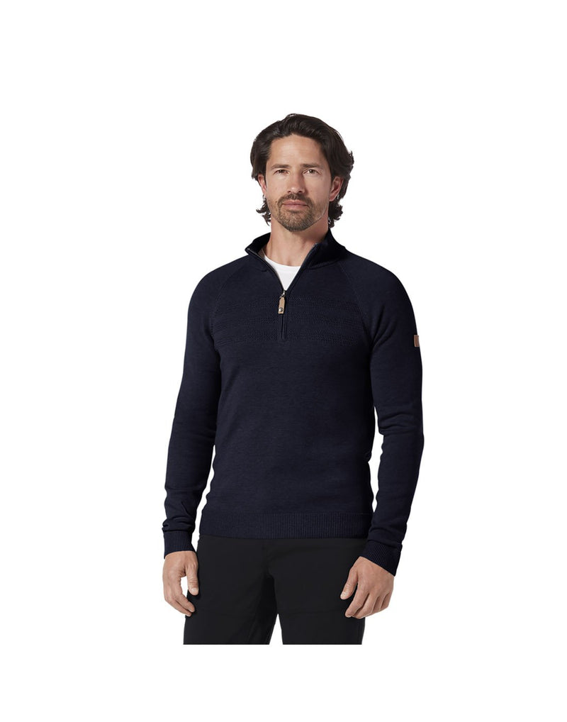 Man wearing Royal Robbins Men's Ventour 1/4 Zip Sweater in naval colour, front view