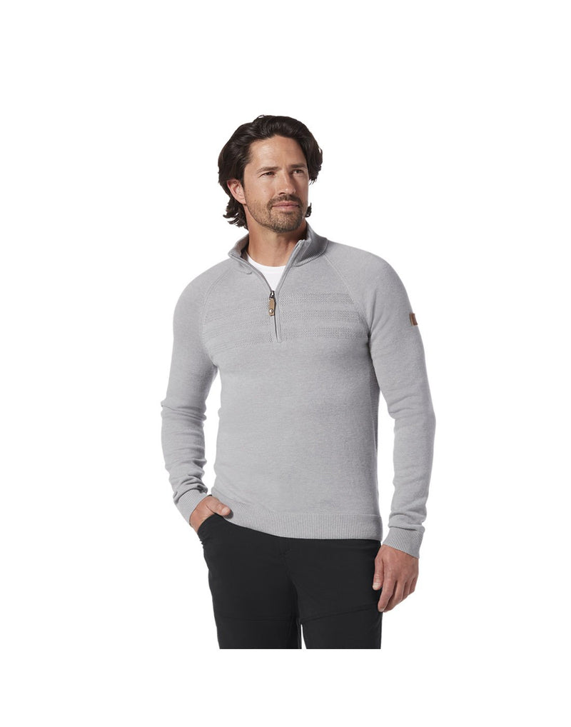 Man wearing Royal Robbins Men's Ventour 1/4 Zip Sweater in pewter heather colour, front view with one hand in pocket