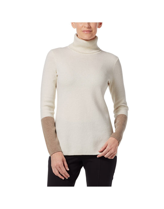 Product Image – Woman wearing Royal Robbins Women's All Season Merino Turtleneck in creme colour, front view