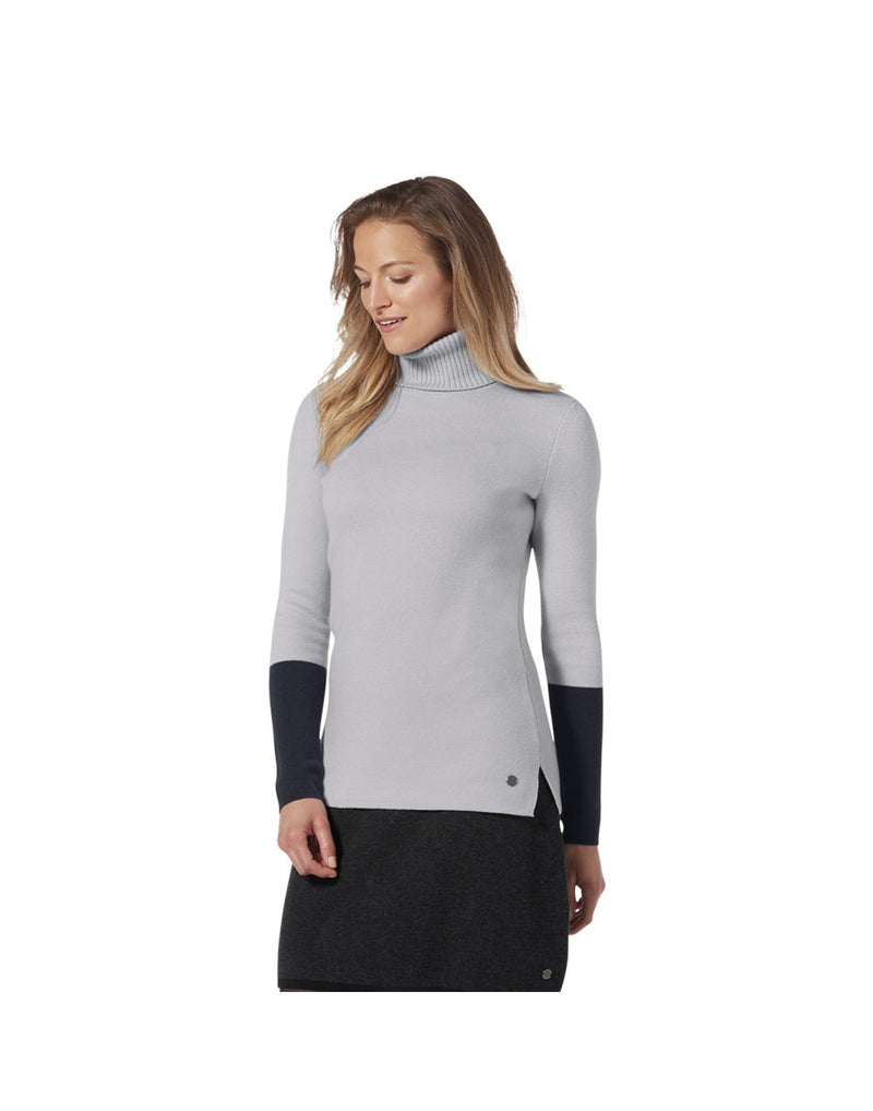 Woman wearing Royal Robbins Women's All Season Merino Turtleneck in icy grey colour, front view