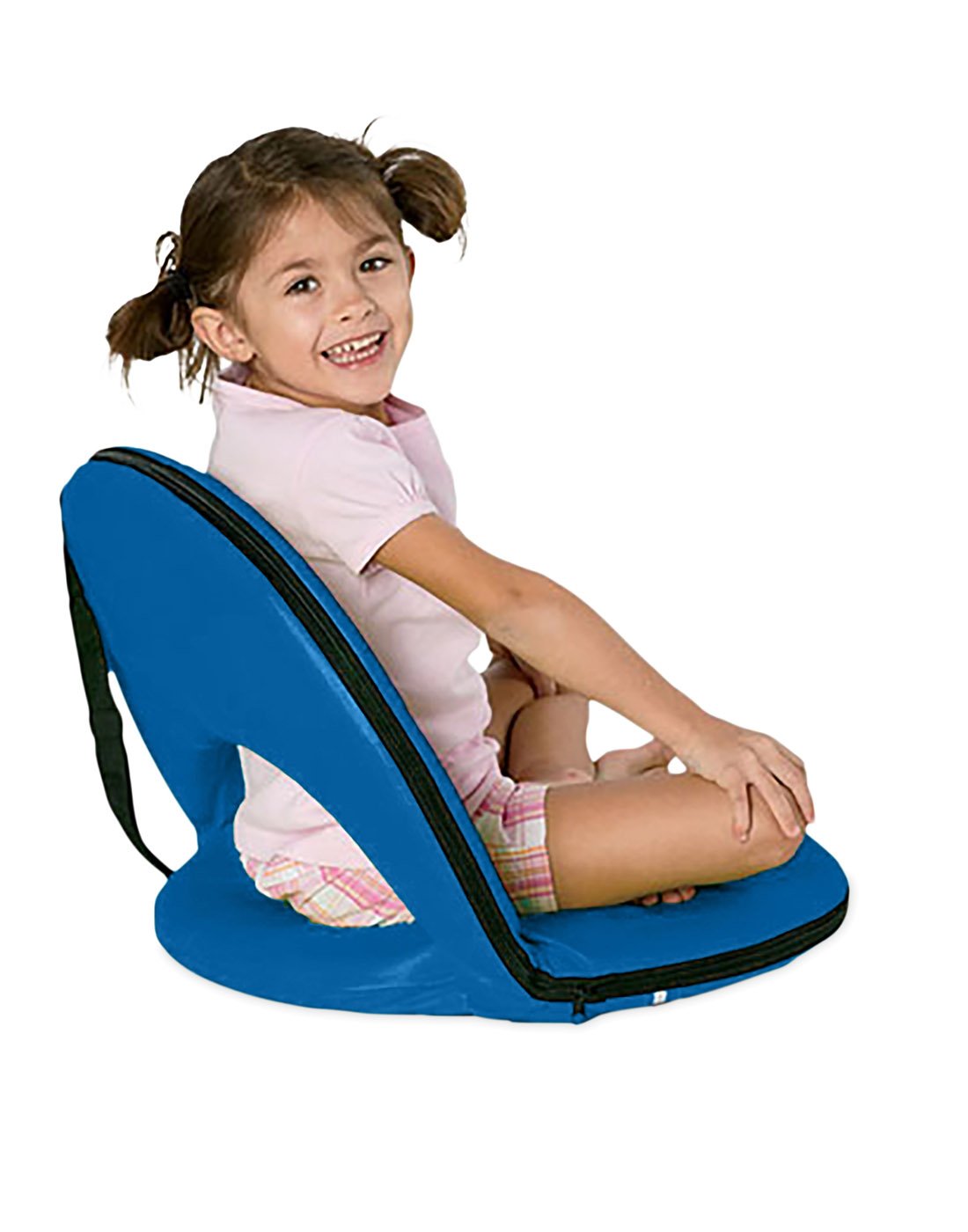 Young girl sitting on blue Hearth Song Portable 5-Position Folding Chair - side view