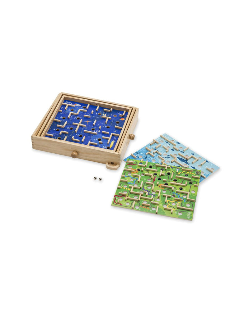 Wooden labyrinth game components - three boards and two ball bearings