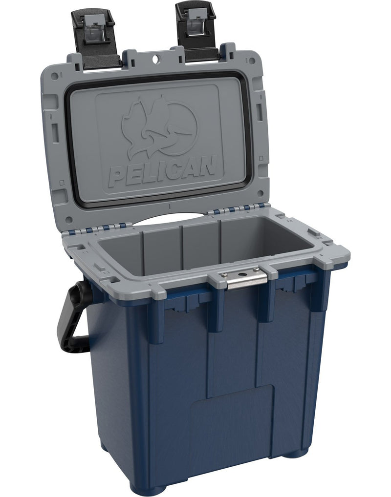 Pelican™ Elite 20qt Cooler - pacific blue and grey colour, with lid open showing grey interior