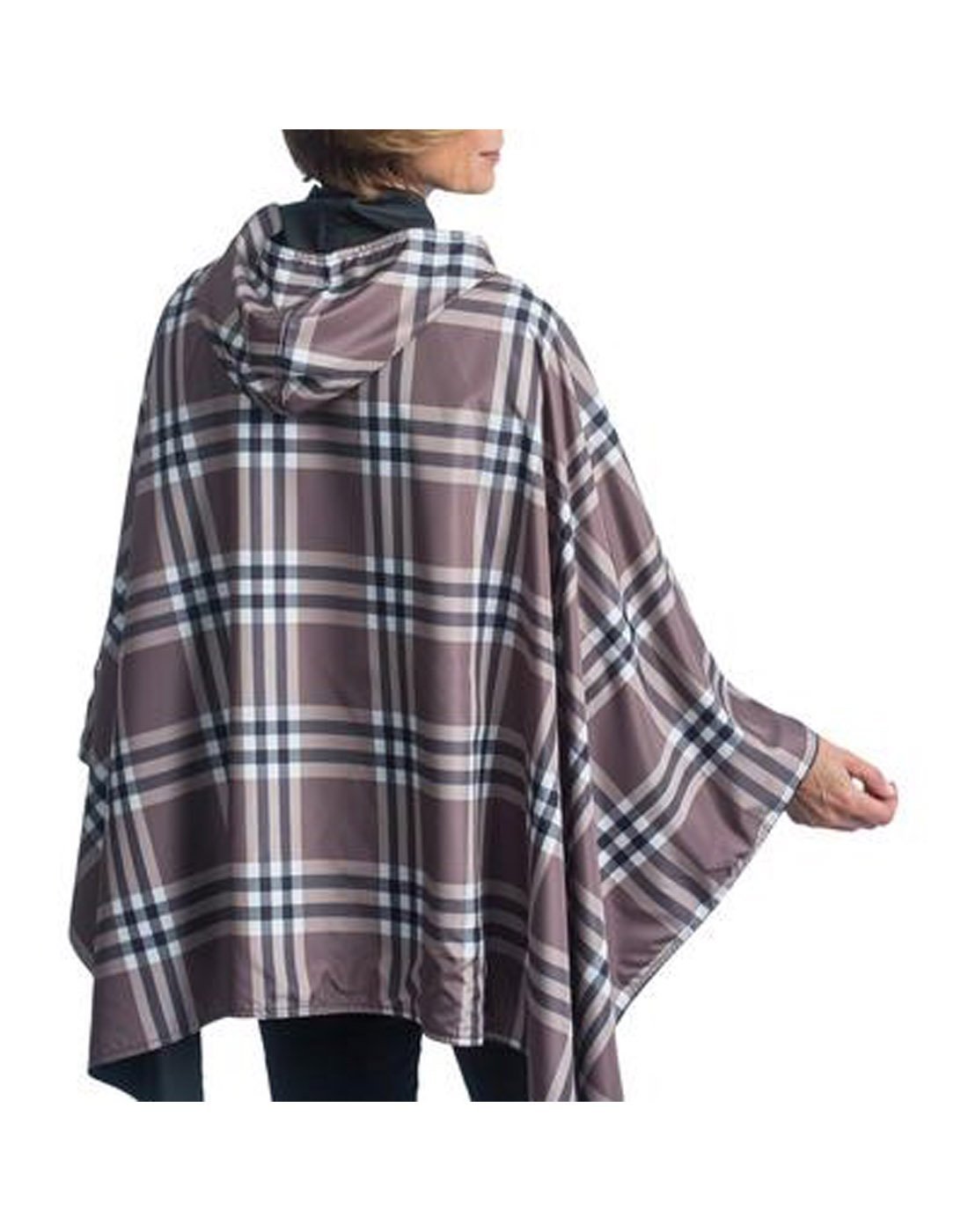 RainCaper hooded travel cape - coco plaid colour back view