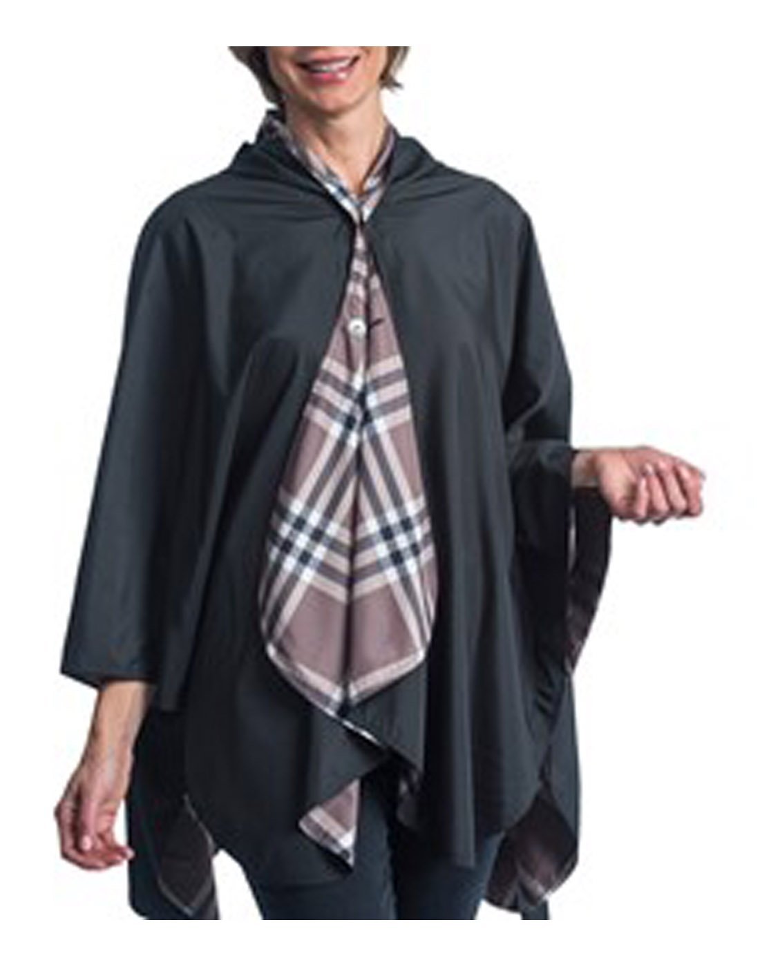 RainCaper hooded travel cape - coco plaid colour reverse look