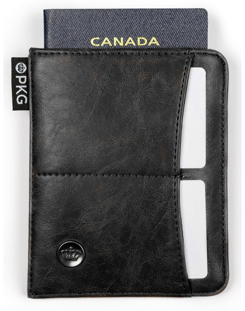 PKG Perry Passport Wallet - black, front view with passport showing sticking out of top