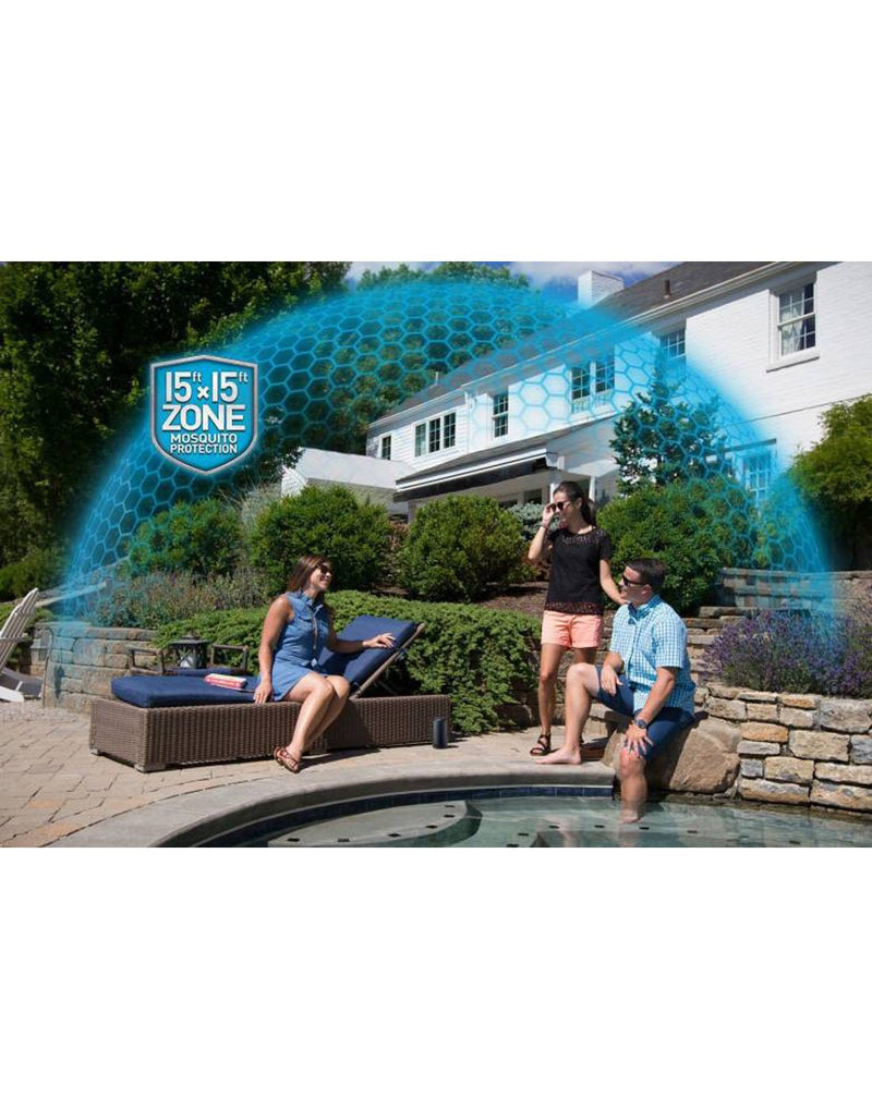 Three people around a backyard pool with the Thermacell Patio Shield Mosquito Repeller beside them and graphic showing 15 foot protection zone around them